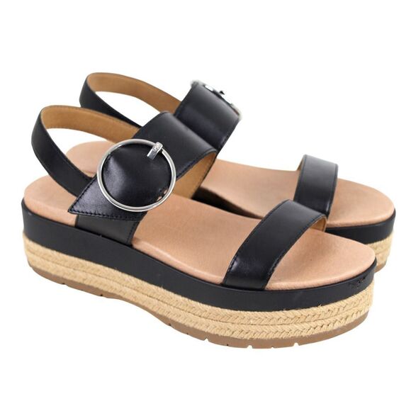 UGG BLACK GENUINE LEATHER OPEN TOE WEDGE BUCKLE SLINGBACK SANDALS SHOES Sz 9/40 - Picture 1 of 10